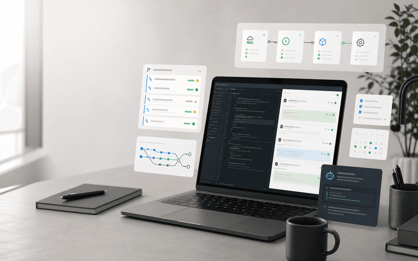 AI-assisted software delivery workflow on a laptop